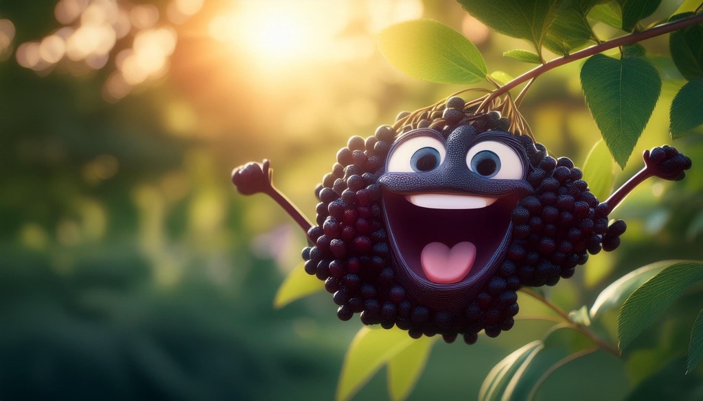 Animated black elderberry fruit smiling, with eyes and arms