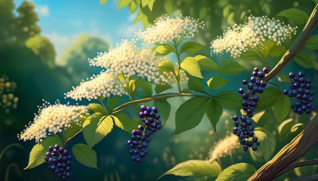 Illustration of black elderberry plant, black berries hanging from a tree, the tree has green leaves and a bunch of white flower bulbs